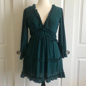Gently Used Backless Sun Dress Dark Green Open Back Long Sleeves Ruffles | M